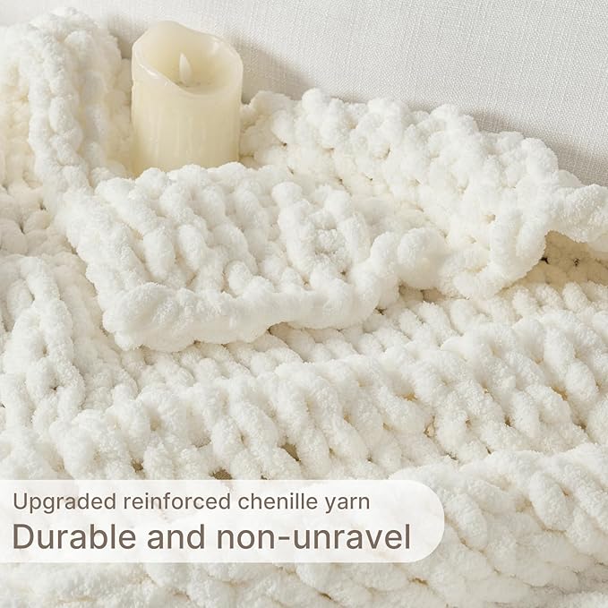 Chunky Knit Blanket Throw, 100% Hand Knit Throw Blanket Handmade Chenille Cable Knit Throw for Couch, Stylish Cozy Soft Rope Knot Crochet Blanket for Home Decor, Ivory, 40x50 Inches