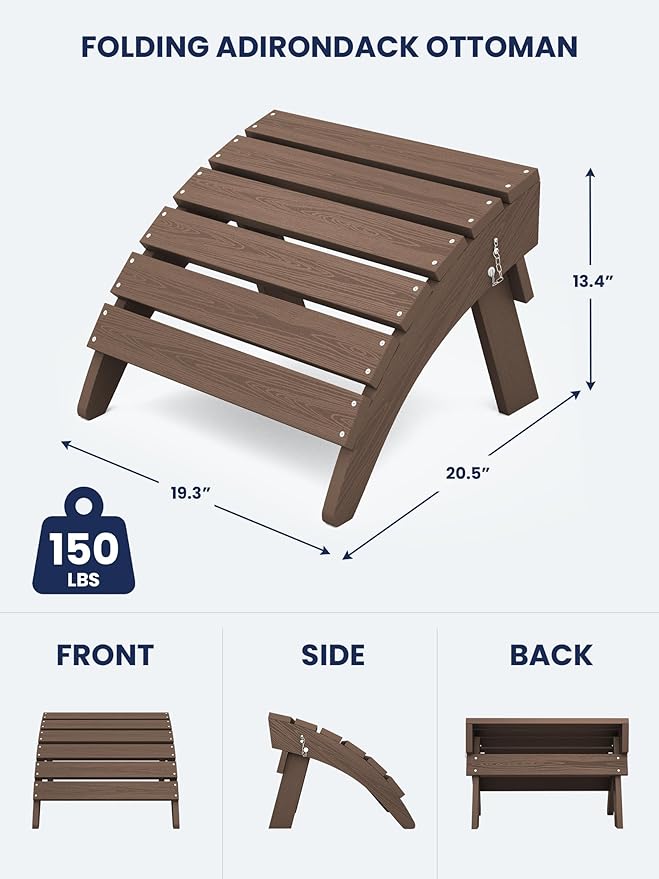 KINGYES Folding Adirondack Ottomans Set of 2 for Adirondack Chair, Brown