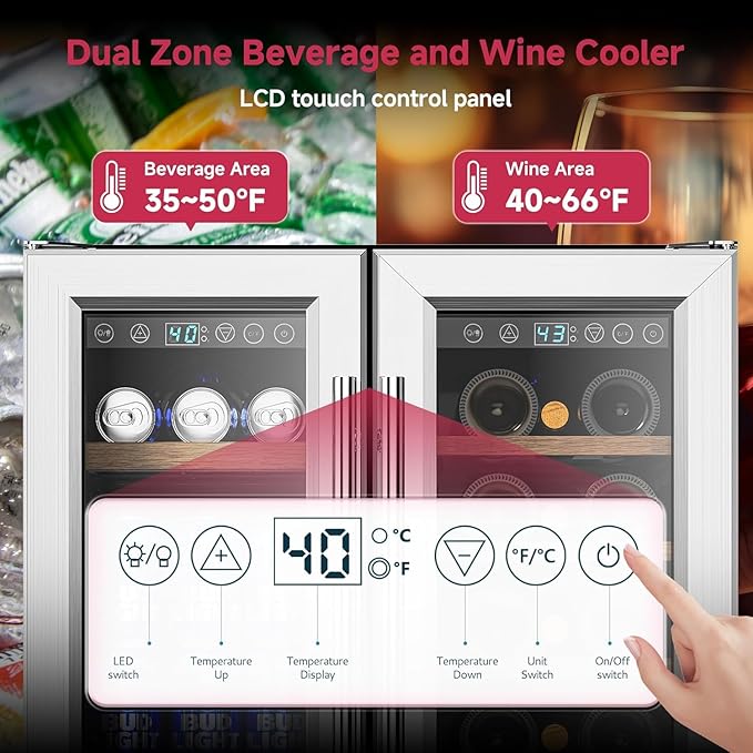 24" Wine and Beverage Refrigerator, Dual Zone Wine Cooler with Glass Door, Hold 88 Cans & 21 Bottles, Built in or Freestanding Under Counter Wine Fridge with Blue LED Light.