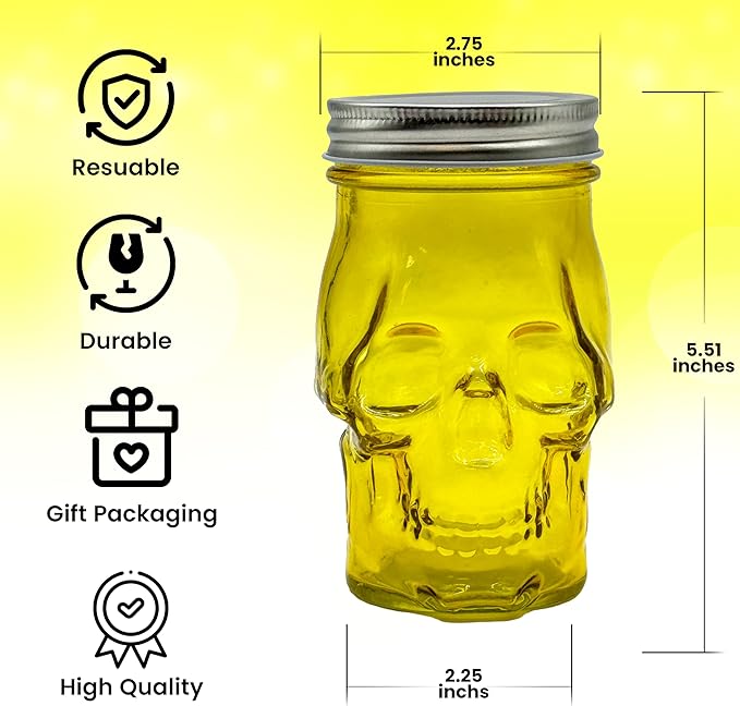 Generic 14 oz Colorful Skull Glass Mason Jar – Mix & Match 7 Vibrant Colors, Large & Durable! (Blue)