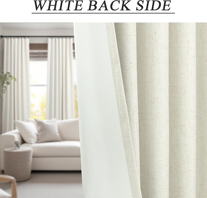 Cream Blackout Curtains 94 Inches Long 2 Panel Set Patio Drapes for Insulated Sliding Glass Doors Cute Curtain for Nursery Bedroom Aesthetic Back Tab Rod Pocket Thick Linen Cotton Cottage 52x94 Length