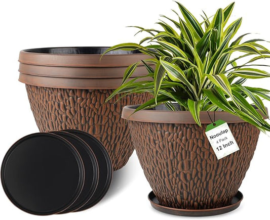 4 Pack 12 Inch Pots for Plants, Plastic Outdoor Flower Pots with Drainage Hole & Tray, Large Planters for Garden Porch Home Indoor Outdoor Decor - Pebbles Pattern Design Plant Pots