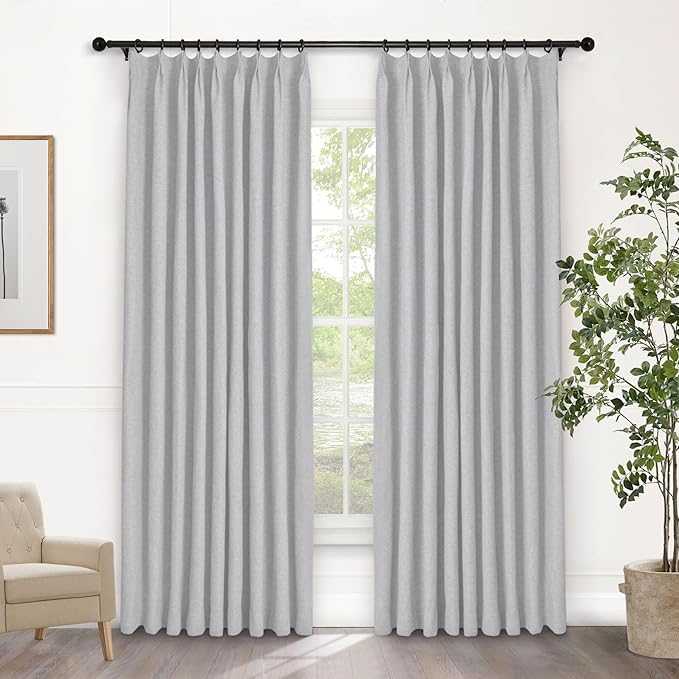 Macochico Pinch Pleated Blackout Linen Curtains 96 Inches Long 100% Light Blocking Burlap Curtains for Bedroom Living Room Thermal Window Panels with Tieback 72”Wx96”L Silver Grey 1 Panel