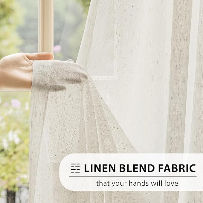FMFUNCTEX Linen Sheer Pinch Pleated Curtains for Living Room, Linen Flax Beige 108 Inches Long Sheer Curtain See Through Panels for Bedroom, Natural Window Drapes for Farmhouse, Rod Pocket 2 Panels