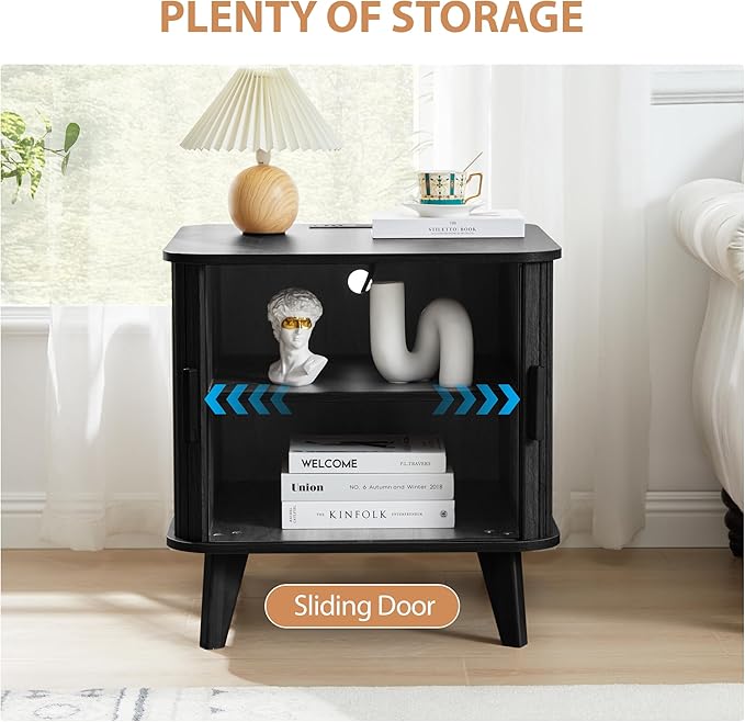 Farmhouse Square End Table with Charging Station, 24" Large Fluted Sofa Side Table with Sliding Tambour Door and Storage, Rustic Curved Wood Nightstand for Living Room, Bedroom, Black
