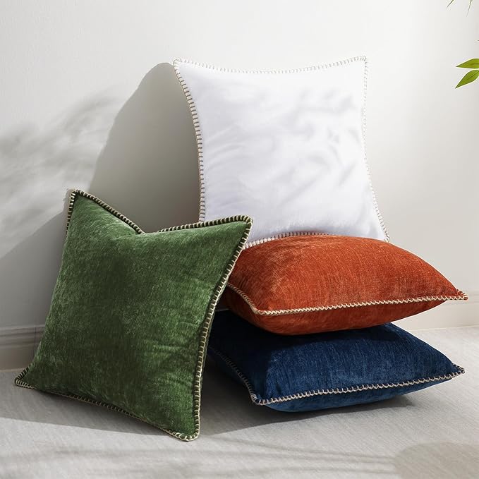 decorUhome Chenille Soft Throw Pillow Covers 26x26 Set of 2, Farmhouse Velvet Neutral Decorative Euro Pillow Covers with Stitched Edge for Couch Sofa Bed Home Decor, White