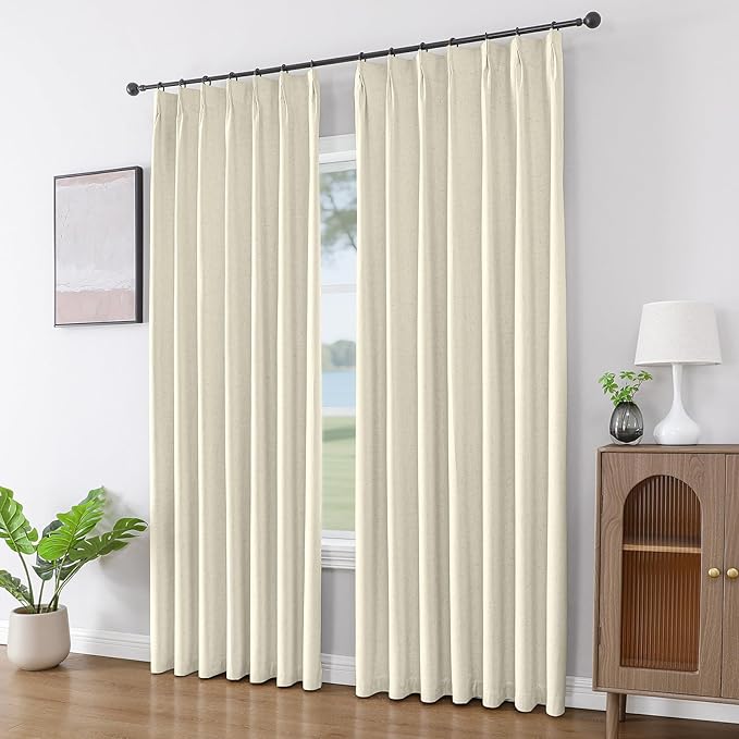 Joydeco Pleated Curtains for Living Room Bedroom, Linen Drapes 90 inch Length 2 Panels Set, Blackout Thermal Insulated Curtain(Linen,40'' Wx90'' L)