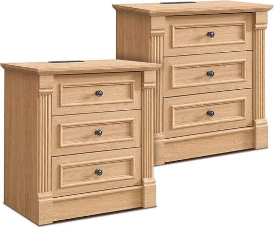 26" Tall Farmhouse Nightstand Set of 2, 3 Drawers End Table w/Charging Station, 23.6" Wide Large Side Table w/Roman Column, Wood Rustic Sofa Table for Bedroom, Natrual