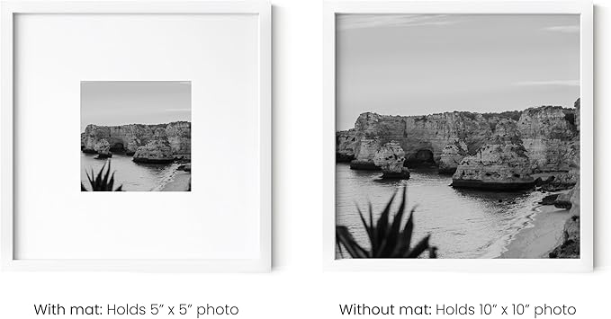 HAUS AND HUES 10x10 White Metal Picture Frames Matted to 5x5 - Features Premium Aluminum & Hanging Hardware, Shatterproof Plexiglass - Ideal for Home, Room, Office (10x10 in, White, Set of 6)