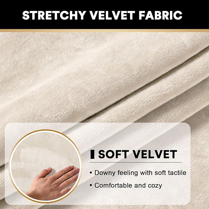 PrinceDeco Sectional Couch Cushion Covers 3 Pieces Velvet Separate Couch Cover Extra Large Stretch Sofa Slipcover Washable Furniture Protector for Sectional Sofa(Each Width Up to 40", Ivory)