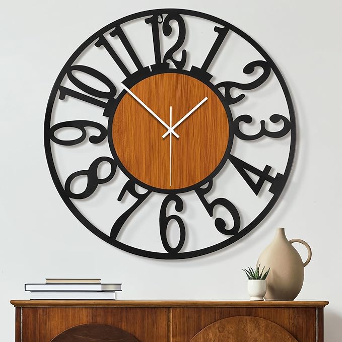 Maxstar Round Wall Clock for Living Room Decor Battery Operated Non Ticking Black Metal Wood Clocks for Home Living Room Garden Office Kitchen Decoration -13 inch