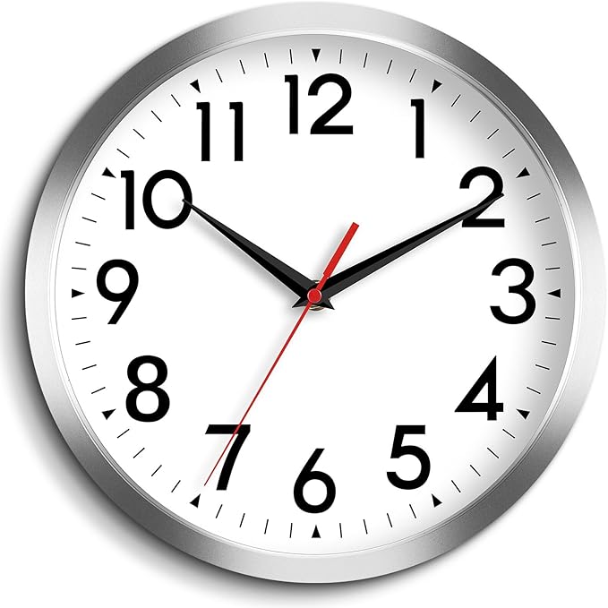 Wall Clock Modern Battery Operated 10 Inch Simpel Silent Non Ticking Decorative for Kitchen Office Outdoor Bedroom Living Room School Classroom(Silver)