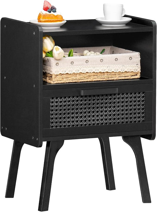 Lerliuo Rattan Nightstand, Side Table with Drawer Open Shelf, Cane Accent Bedside End Table with Solid Wood Legs, Mid Century Modern Night Stand for Bedroom, Dorm and Small Spaces (Black)