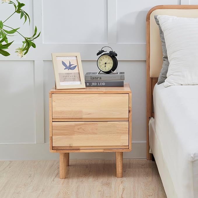 Modern Solid Wood Nightstand with Drawers - Mid Century Modern 2 Drawer Natural Wooden Small Narrow Nightstand Bedside Side End Table with Storage for Living Room Bedroom, 15.7" D x 17.1" W x 19.6" H