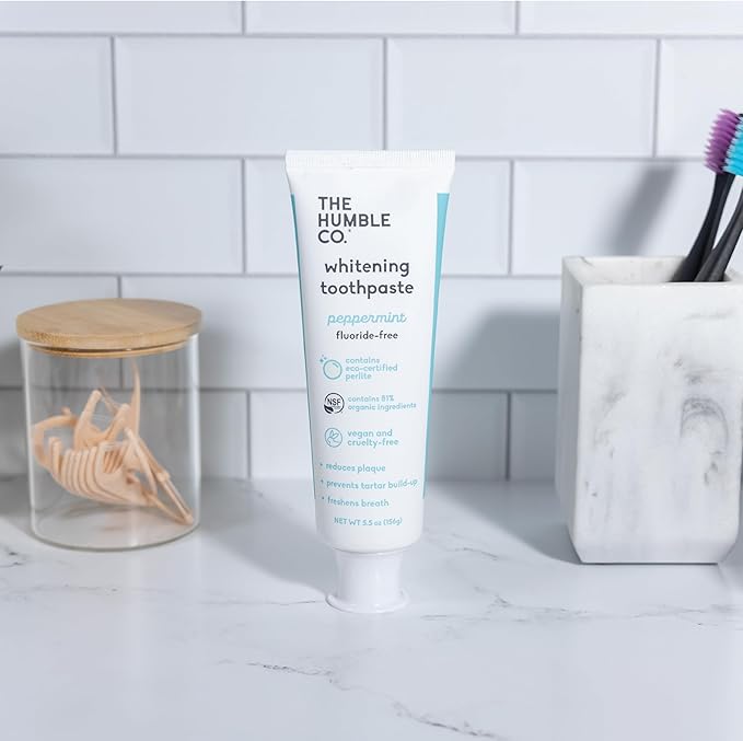 The Humble Co. Natural Whitening Toothpaste - Peppermint, Fluoride Free, Fresh Breath, Plaque Removal, Vegan & Cruelty Free, Non-Toxic SLS Free (5.5 oz, 2pk)