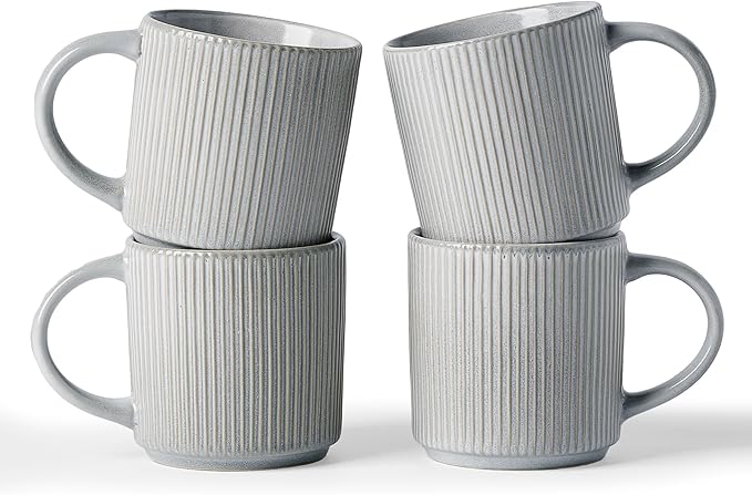famiware Coffee Mug Set for 4, Star 12 oz Catering Mugs Cup Set with Handle for Coffee, Tea, Cocoa, Milk - Ceramic Stoneware Drinkware Set, Matte Grey