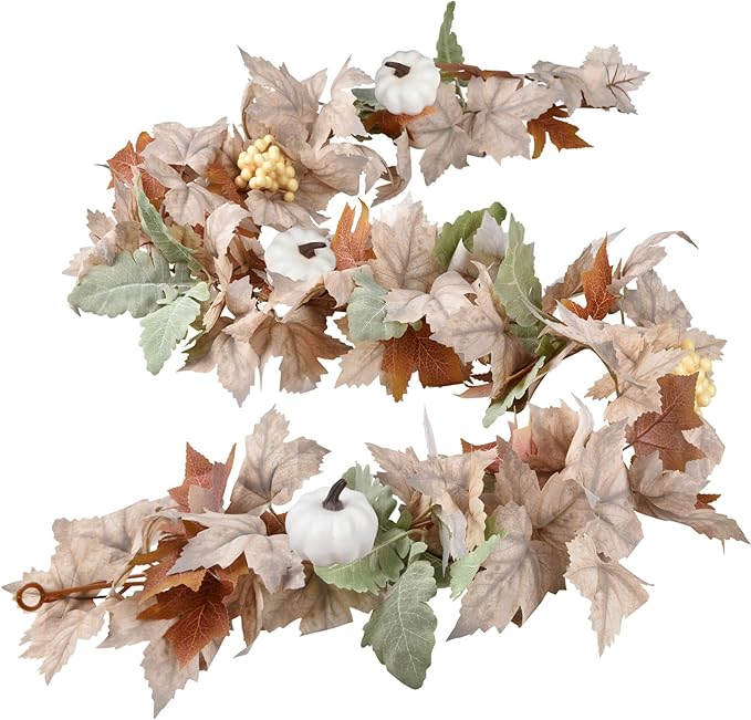 Lvydec 2 Pack Fall Maple Garland - 5.9ft/Piece Artificial Fall Foliage Garland Colorful Autumn Decor for Home Wedding Party (White&Green)