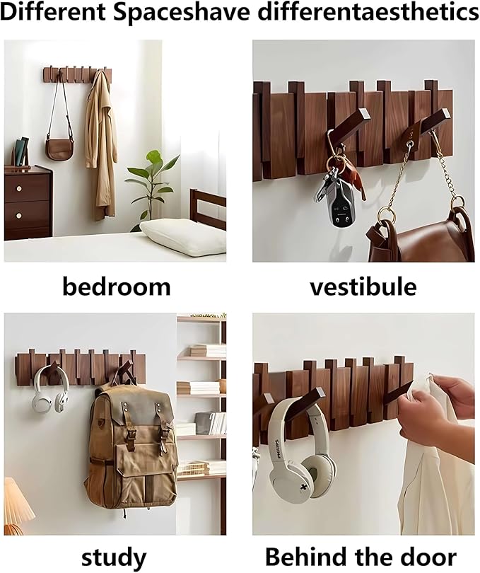 Wall Mounted Piano Key Hanger | Flip Style Hook | Entrance Wall Art Hook, Made of Oak Wood (3 Times Painted, 4 Times Polished) (LED Walnut, 12Hooks)