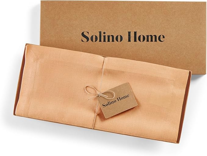 Solino Home Linen Peach Table Runner 48 Inches - 100% Pure Linen Short Table Runner 14 x 48 Inch Ideal for Dresser and Coffee Tables - Fete
