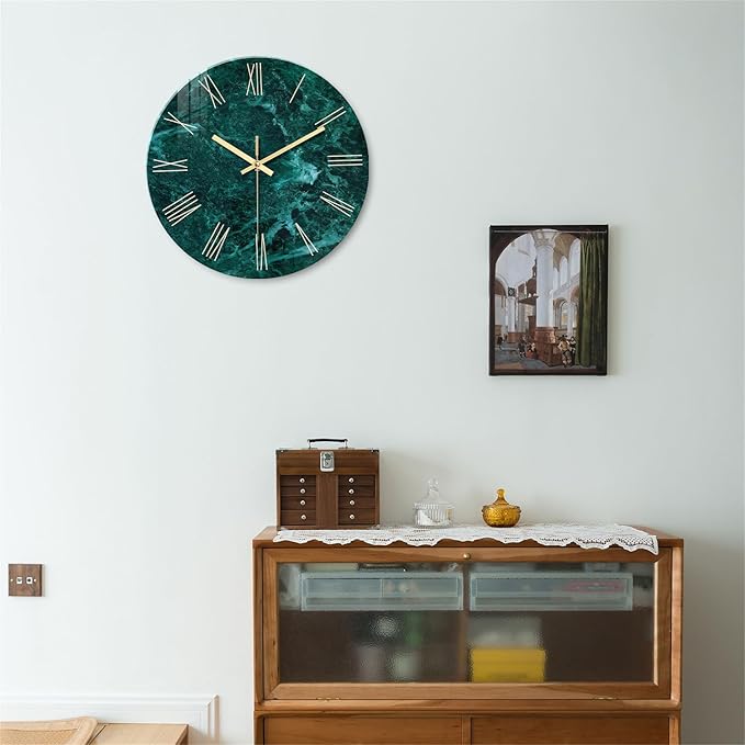 Teal Wall Clock Battery Operated 14 Inch Modern Abstract Clocks for Living Room Decor Marble Pattern Glass Analog Wall Clock Silent