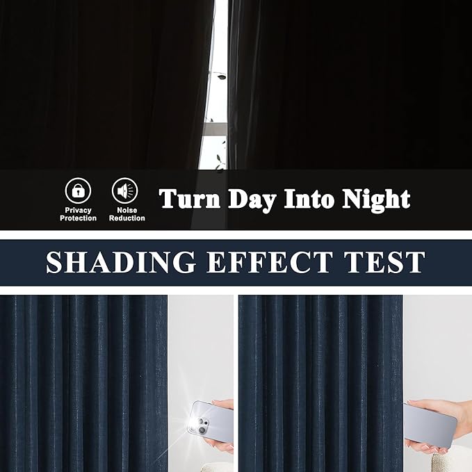 Vision Home Navy Blue Pinch Pleated Full Blackout Curtains Linen Blended Room Darkening Window Curtains 120 inch for Living Room Bedroom Thermal Insulated Pinch Pleat Drapes with Hooks 60" Wx120 Lx1