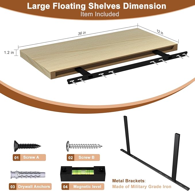 12 Inch Deep Floating Shelves for Wall 3 Pack Floating Shelves Large Storage Space Wall Mount Shelf for Living Room Kitchen Bathroom 36" W x 12" D x 1.2" H Oak