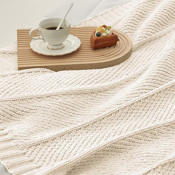 Amélie Home Chenille Knit Throw Blanket for Couch, Chevron Texture Decorative Soft Blanket for Sofa, Bed & Chair, 60"x80", Ivory