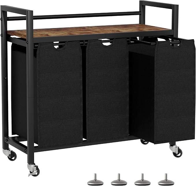 Laundry Hamper, Laundry Basket, Laundry Sorter with 3 Removable Bags, Clothes Basket with 3 Compartments, Wheels, Shelf for Laundry Room Bathroom Bedroom (3 Bags-Black)