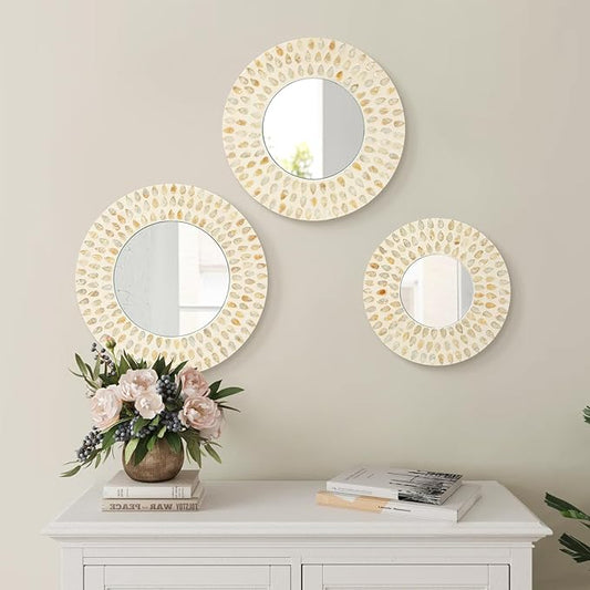 Boho Mirror Wall Decor for Living Room, 3PCS Natural Mother of Pearl Decorative Mirror for Farmhouse Rustic Home, Hanging Sculptures for Women Bedroom Hallway Porch Decoration (Light Brown)