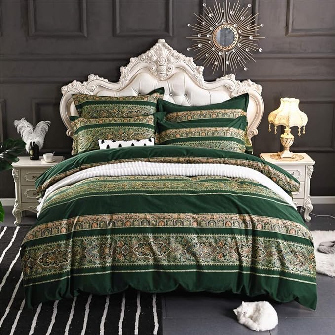 ABREEZE Bohemian Vintage Full Size Floral Cotton Bedding Set 3Pcs Duvet Cover Set Boho Green Paisley 100% Egyptian Brushed Cotton Reversible Home Bedding Collection