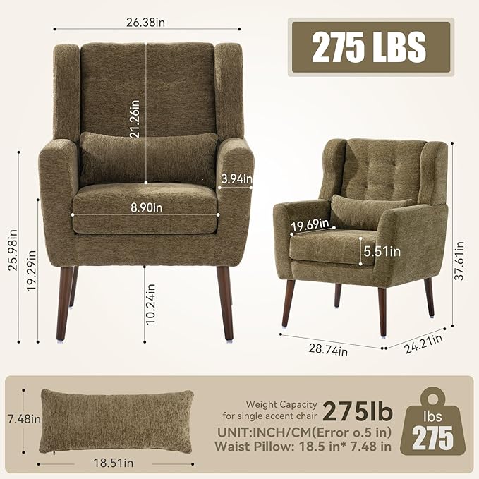Modern Accent Chair, Upholstered Armchair with Pillow, Fabric Single Sofa Chair with Lounge Seat and Wood Legs Accent Chair for Living Room Bedroom Small Spaces (Avocado, Set of 1)