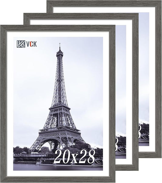 VCK 20x28 Picture Frame 3 Pack, Gray Solid Wood Poster Picture Frame, Exclusive Wood Grain, Wall Mounting Hanging