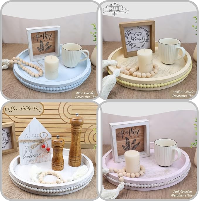 Round Wood Serving Tray with Beads, Blue Washed Wooden Decorative Tray for Entertaining, Decoration, and Gifting