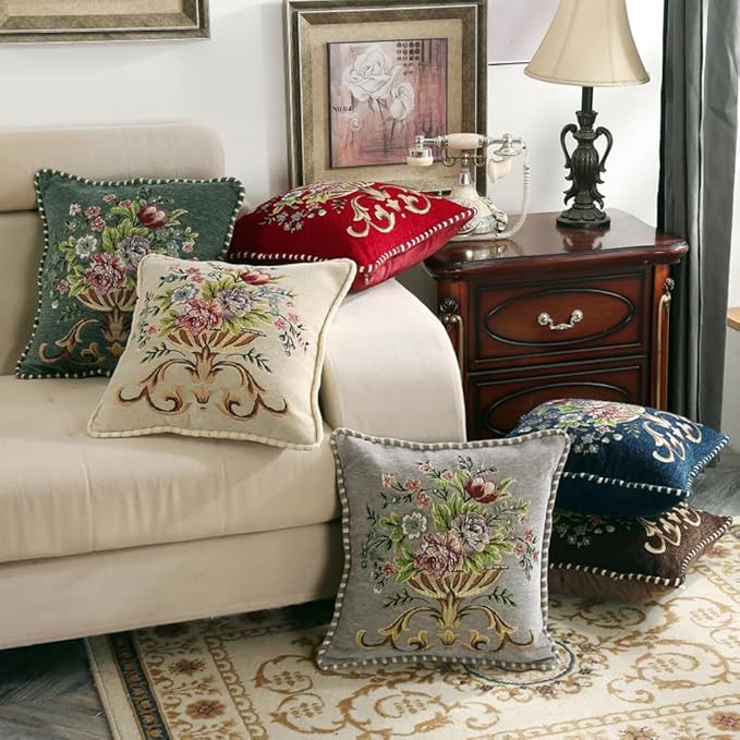 Set of 2 Brown Vintage Embroidered Throw Pillow Covers 18x18in，Floral Embroidered Cushion Cover for Sofa Couch Bed Burgandies Pillow Cover Brown