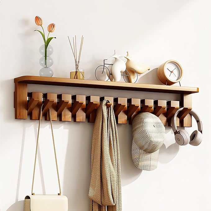 Wall Mounted Piano Key Hanger | Flip Style Hook | Entrance Wall Art Hook, Made of Oak Wood (3 Times Painted, 4 Times Polished) (Tray Walnut, 10Hooks)