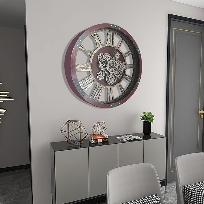 DORBOKER 27" Original Moving Gears Wall Clock, Large Industrial Wall Clock for Living Room Decor, Retro Metal Solid Wood Vintage Farmhouse Steampunk Rustic Clocks for Wall Decor,Cherry Red