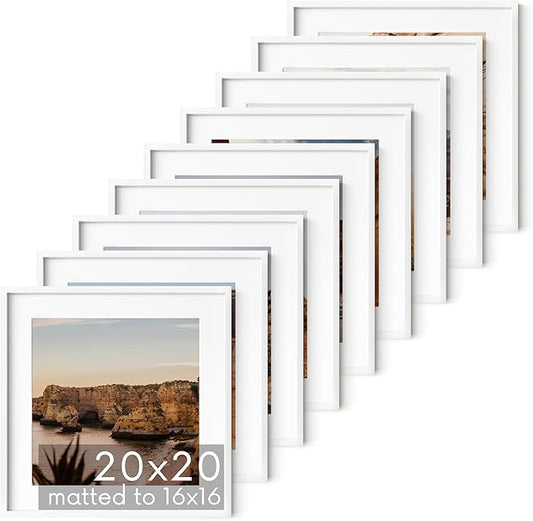 HAUS AND HUES 20x20 White Metal Picture Frames Matted to 16x16 - Features Premium Aluminum & Hanging Hardware, Shatterproof Plexiglass - Ideal for Home, Room, Office (20x20 in, White, Set of 9)