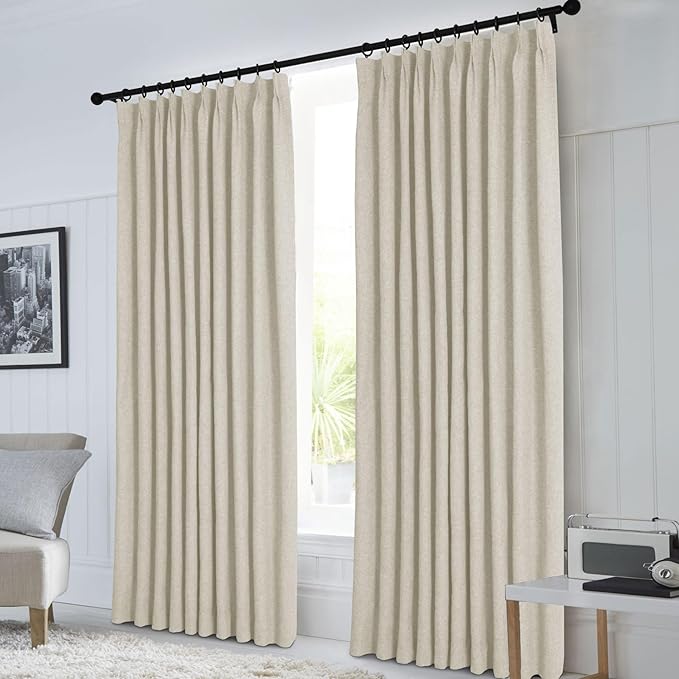 Macochico 100”Wx96”L Pinch Pleated 100% Blackout Linen Curtains Thermal Sliding Curtains for Bedroom Living Room Sliding Glass Door Farmhouse Shabby Chic Ivory White Drapery with Tieback 1 Panel