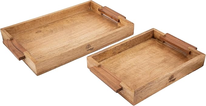 Mango Acacia Wood Serving Trays with Handles – Set of 2 Large Decorative Wooden Trays for Breakfast in Bed, Dinner, Snacks, Coffee Table, Ottoman, Couch & Patio Party – (16x10x1.75 & 8x12x1.75) Inches