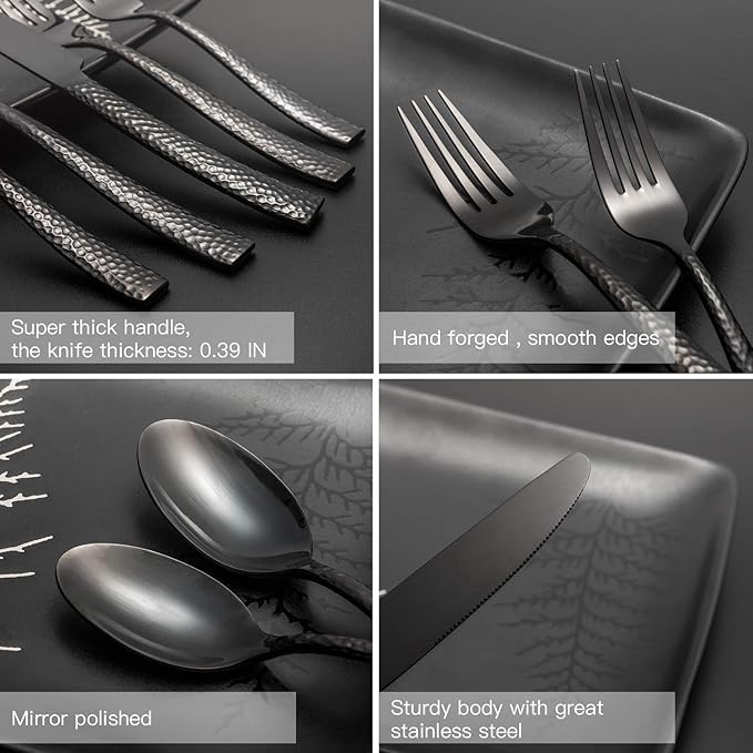 Silverware 65-Piece Black Hammered Flatware Set with Serving Utensils Stainless Steel Thick Handle Mirror Polished Cutlery Set for Wedding Hotel Restaurant, Service for 12