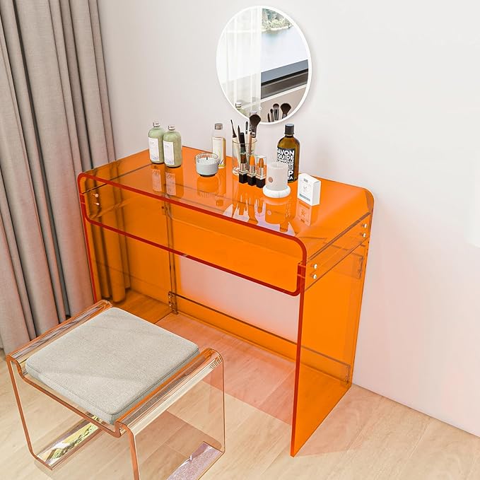Acrylic Desk, Orange Table, Acrylic Console Table for Office, Study, Bedroom, Entrance Decor (15.5" D x 33.5" W x 29.3" H, Orange)