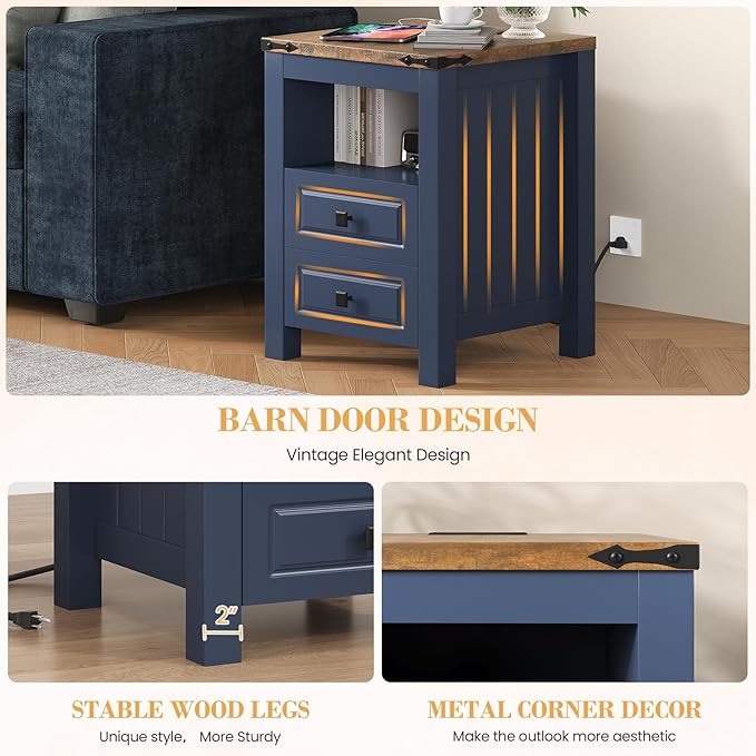 Apicizon Side Table, Farmhouse End Table with Charging Station and Storage Cabinet, 17'' Bedside Table with Drawers, Rustic Small Coffee Table for Living Room, Bedroom