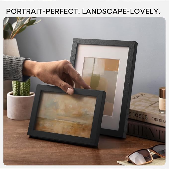 Homeforia 8x6 Black Wood Frame, High End Oak 6x8 Black Wooden Picture Frames with Mat 5x7 Art, 6 x 8 Frame Matted to 5 by 7 inch Photo, 6x8 Wall or Tabletop Frames, Tempered Glass, Wall Kit, Set of 1