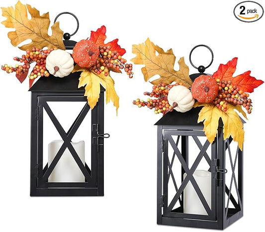 Fall Decor Lantern for Home, Large Decorative Lanterns Outdoor Waterproof 12" Battery Powered Decorative Lanterns Metal Hanging LED Candle Holder, Flameless Candle Lantern for Indoor 2 Packs