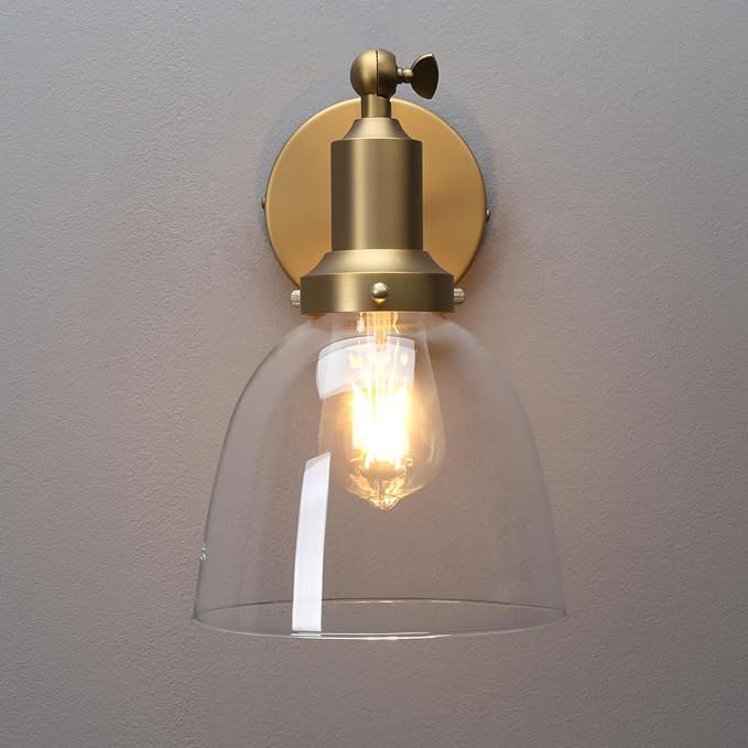 PERMO Industrial Vintage Slope Pole Wall Mount Single Sconce with 6.7" Oval Dome Clear Glass Shade Wall Sconce Light Fixture (Antique Gold)