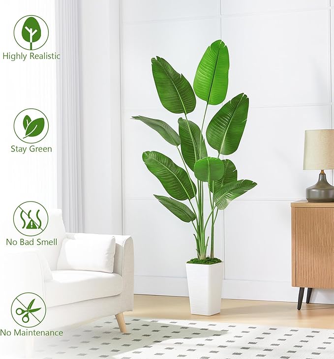 Faux Bird of Paradise Silk Artificial Plant Faux Banana Leaf Tree for Home Decor Indoor Floor Plant with 11 Trunks (1, Black Planter, 6.6 FT)