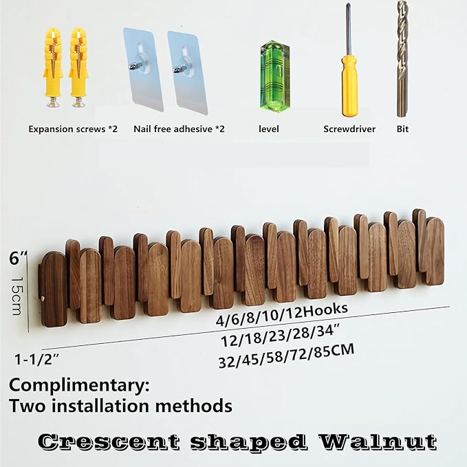 Wall Mounted Piano Key Hanger | Flip Style Hook | Entrance Wall Art Hook, Made of Oak Wood (3 Times Painted, 4 Times Polished) (Arc Walnut, 4Hooks)