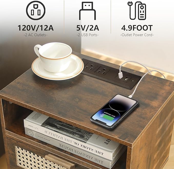MaxSmeo Small Nightstand with Charging Station, Rattan Side Table Mid Century Modern Bedside Table for Bedroom, Living Room and Small Spaces, Solid Wood Legs (Rustic Brown)