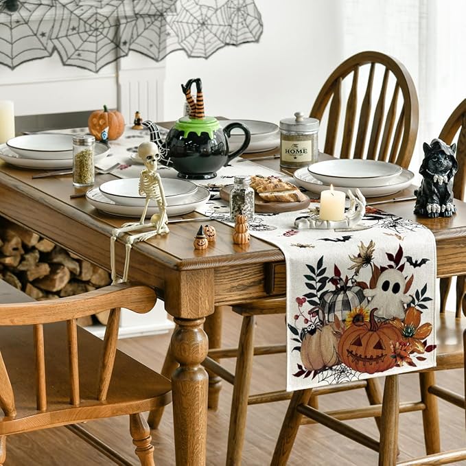 Artoid Mode Pumpkin Ghost Leaves Spider Web 210 GSM Halloween Table Runner, Spooky Kitchen Dining Table Decoration for Home Party Decor 13x108 Inch