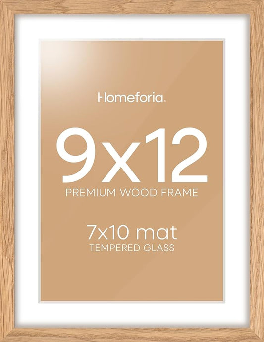 Homeforia 9x12 Picture Frame Wood, High End Natural Oak 9 x 12 Light Wooden Frames with Mat 7 by 10 Photo, 9by12 Frame Matted to 7x10 Print, Wall or Tabletop Frames, Tempered Glass, Wall Kit, Set of 1